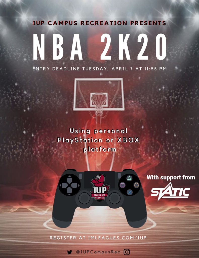 STATICatIUP's tweet photo. Join IUP Campus Recreation and STATIC as we present the inaugural IUP Esports Tournament: NBA2K20!
 
Register today at https://t.co/MmwOnvgtXf to become IUP’s first ever Intramurals Esports Champion!  

Entry Deadline is Tuesday, April 7, at 11:55pm. https://t.co/FQrgh9eoJg