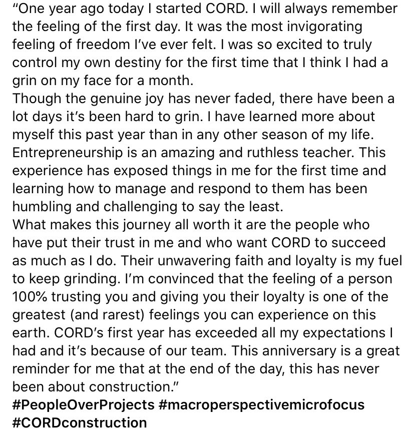 CORDconstruct's tweet image. A word below from our owner @brycethompson42 on our 1st Anniversary! #PeopleOverProjects #macroperspectivemicrofocus #CORDconstruction