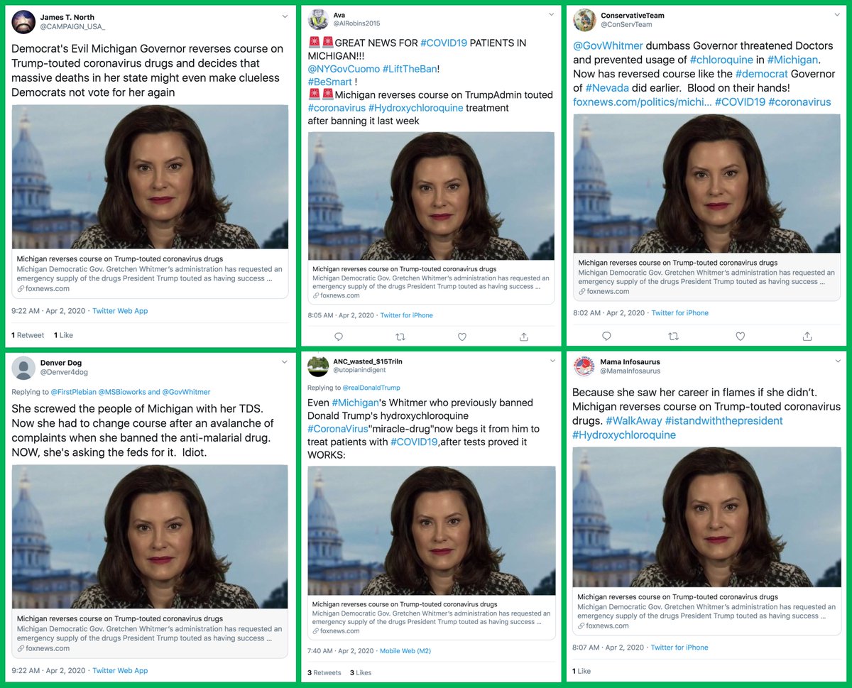 Michigan's  @GovWhitmer didn't actually reverse a non-existent policy banning hydroxychloroquine for COVID19 patients but Fox News (and others) didn't waste the chance to dissemble a Democratic administration's actual statement and intent for political purposes.cc:  @ZellaQuixote