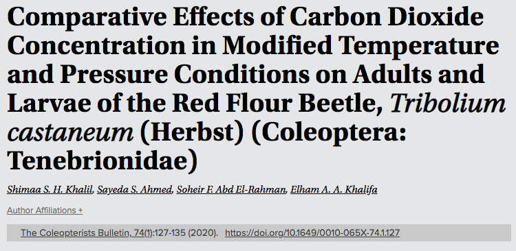 #LiteratureNotice Khalil et al. Comparative Effects of Carbon Dioxide Concentration in Modified Temperature and Pressure Conditions on Adults and Larvae of the #RedFlourBeetle, Tribolium castaneum (Herbst) (#Coleoptera: #Tenebrionidae) 
doi.org/10.1649/0010-0… 
#Beetle #Beetles