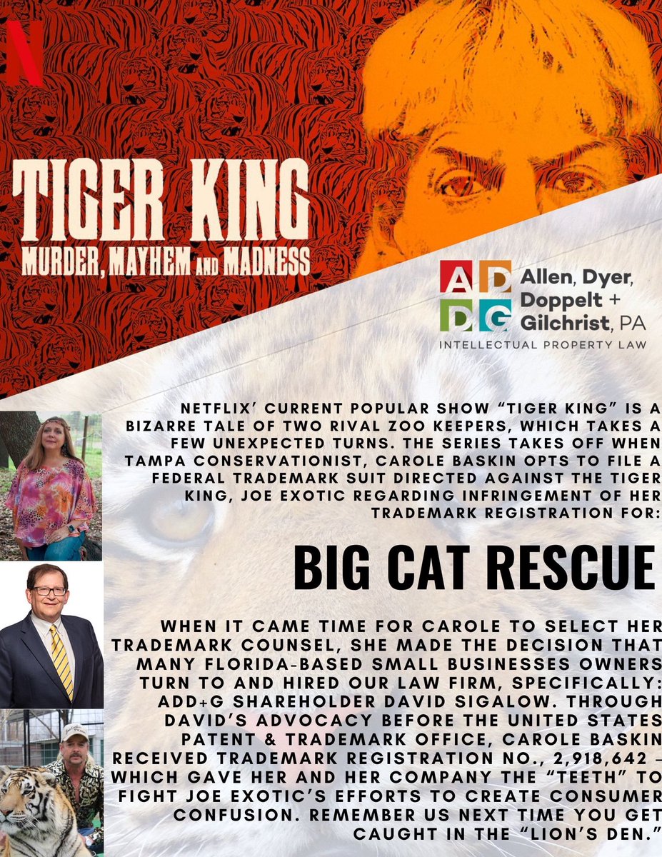 FloridaPatents's tweet photo. Don't enter the lion's den unless you have ADD+G on your side. #TigerKing #Netflix #trademarks #infringement #allendyer #floridaipattorney https://t.co/x0ZM33ZWhZ