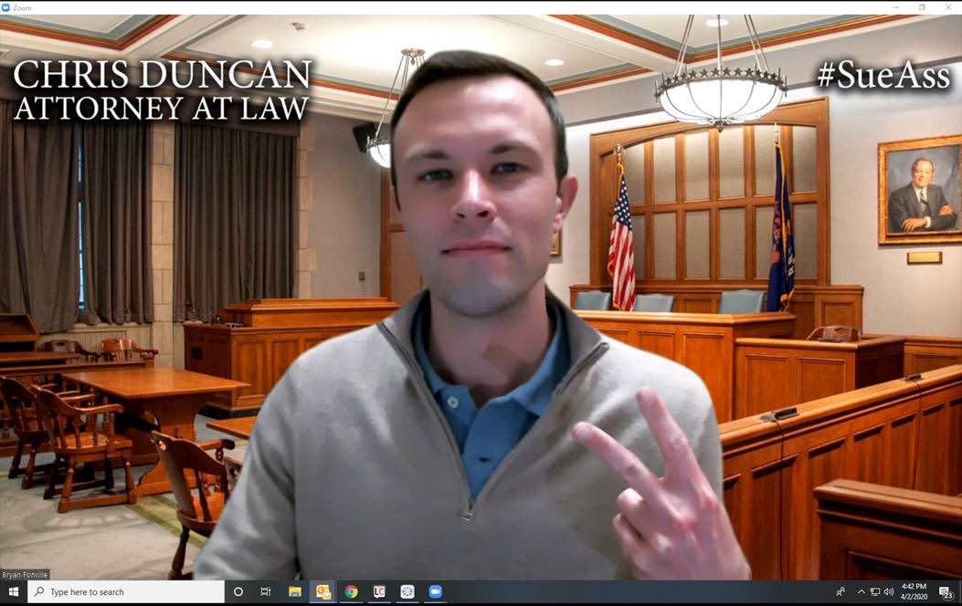 BryanFonville's tweet photo. @DuncanAttorney I’m not flashing a peace sign...I’m holding up how many thousands of dollars Chris Duncan won for me in small claims court last summer. Thanks for the dope Zoom background. #SueAss https://t.co/Dxwqio1a4J