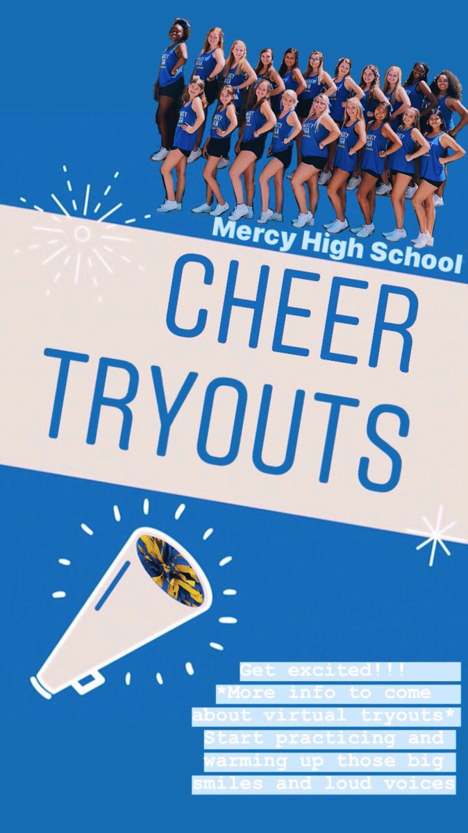 MercyHighCheer's tweet photo. Due to Covid-19 cheerleading tryouts will be pushed back. Coach and captains are working really hard for a virtual tryout! Stay tuned! 💙💛 https://t.co/BOKe6szjzd