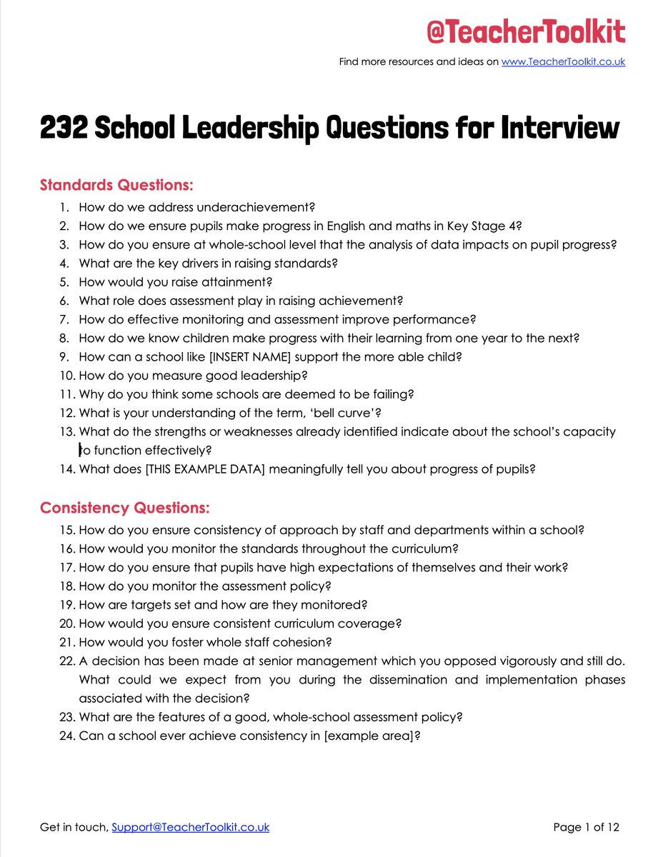 TeacherToolkit's tweet photo. Preparing for a future interview?

232 School #Leadership Questions 

https://t.co/R7vvpMvAKu

#SLTchat #MyEdHunt #TeacherVacancy #jobs https://t.co/RFJVMkNjPI
