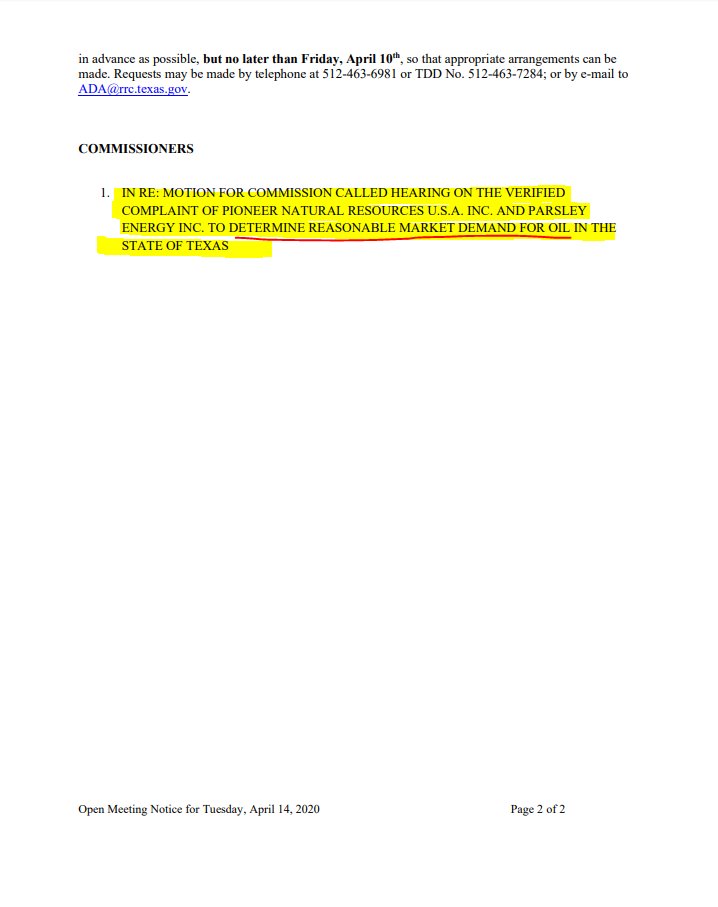 JavierBlas's tweet photo. FULL LETTER: Texas oil regulator (Railroad Commissions) calls for public meeting for April 14 after request from U.S. shale producers Pioneer and Parsley to determine demand for Texas oil production (as a first step for pro-rationing). Big Oil is against output cuts | #OOTT https://t.co/8IT1ZX4fbP