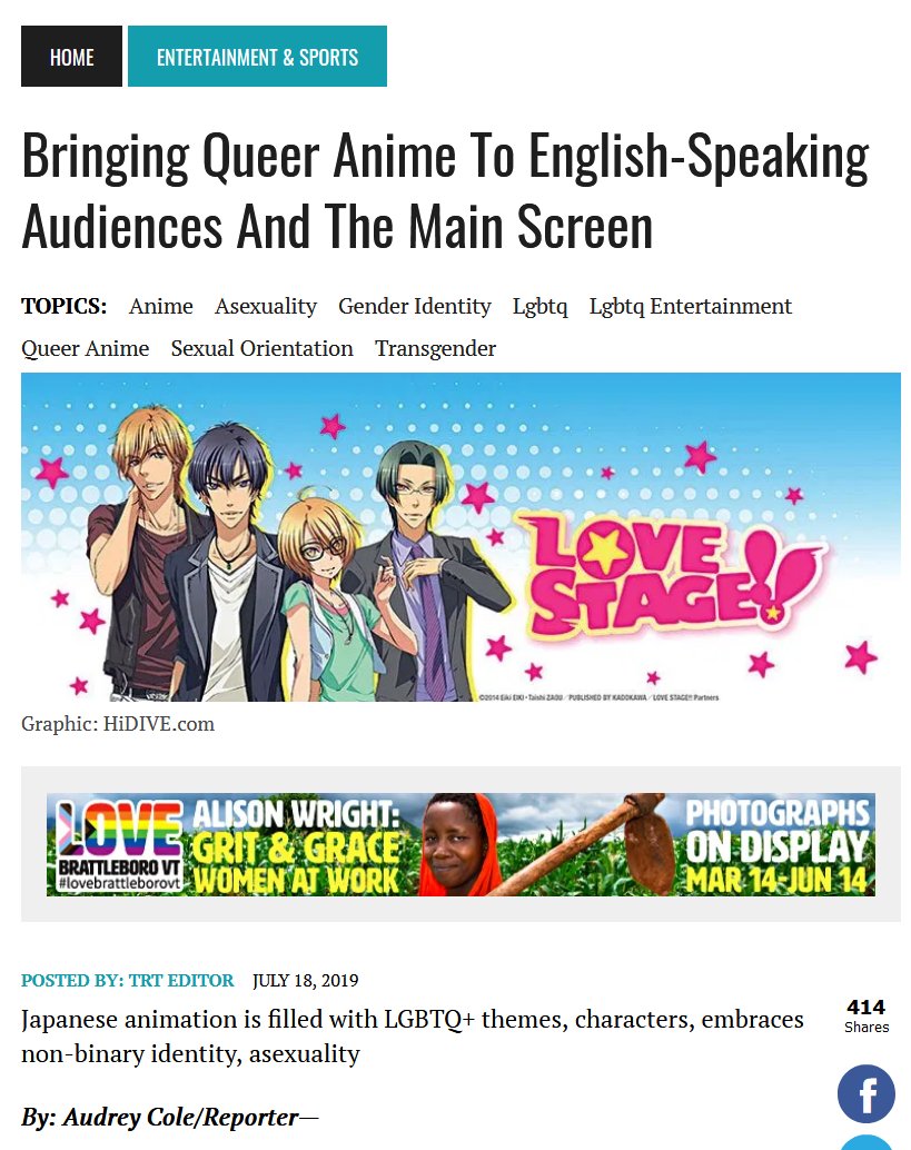 Bringing Queer Anime To English-Speaking Audiences https://archive.is/0pWhV Although transgender identity is underrepresented in the current English adaptations of anime, Wald is working to change that. I believe LGBT+ population in the West outnumber US anime fans by 15-20 times.