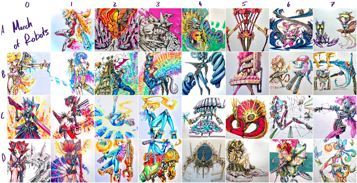 tableguyart's tweet image. Made a cool-age for #marchofrobots finished all 31!!

It was a busy month, any favorites? I still like B0 the most

#zss #klk #psg #mech 

#artchallenge #marchofrobots2020 #copicmarkers #pensketch