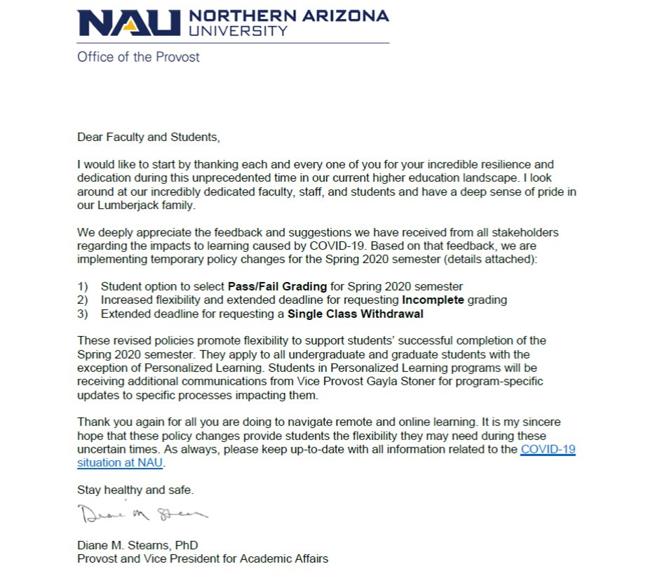 BREAKING: <a href="/NAU/">NAU</a> is offering pass/fail grading to all students for the Spring 2020 semester.