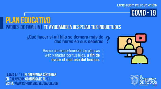 Telecom_Ec's tweet photo. #PlanEducativo | Apoyemos la gestión de los docentes. Las tareas enviadas a los estudiantes no sobrepasan las dos horas, esto permite fortalecer los vínculos familiares. #UnidadNacional #JuntosEcuadorBandera de Ecuador https://t.co/n5BJH99KLg
