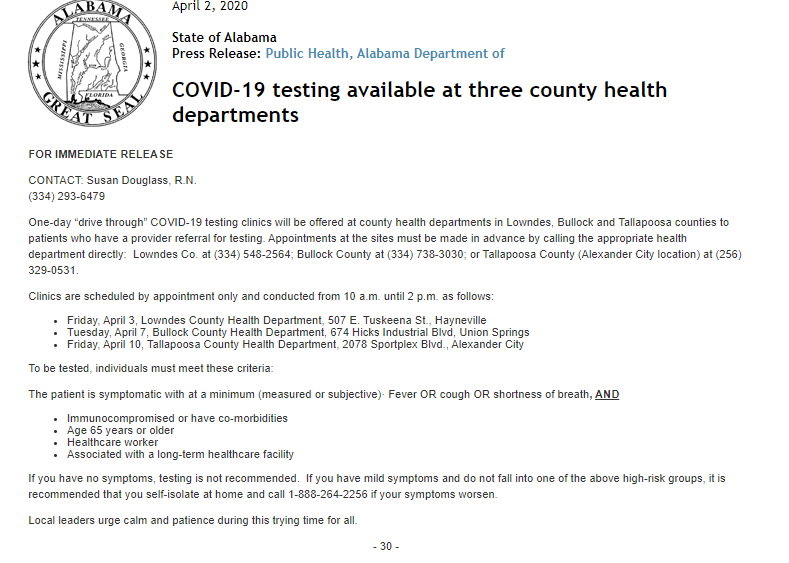 DavidNews2U's tweet photo. NEW: COVID-19 testing available at County Health Departments in Lowndes, Bullock, and Tallapoosa Counties... https://t.co/L6mvgO8dpg