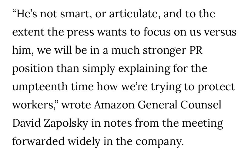 The richest man on earth,  @JeffBezos, had a meeting to develop a PR strategy to smear Christian Smalls, a young, African American Amazon warehouse worker, father of 3, who organized a walkout because of unsafe conditions during the COVID-19 pandemic. Look how they talk about him: