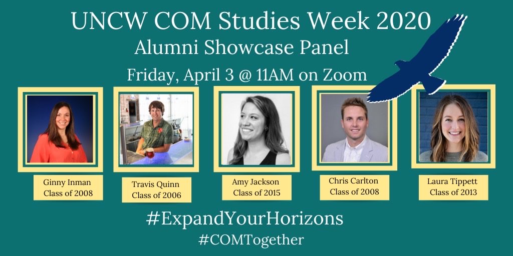 UNCWCOM's tweet photo. One more day in #COMStudiesWeek , Seahawks! Tomorrow we will be hosting an Alumni Showcase featuring 5 #COMAlum. 

See you tomorrow @11AM on Zoom! 

#ExpandYourHorizons #COMTogether #COMHome https://t.co/ABXrFAdHGU