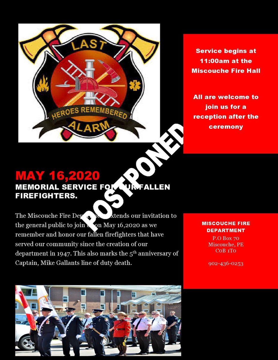 JasonWoodbury2's tweet photo. Please be advised @CanFirefighters #miscouchefire has postponed their memorial service.@SonnyGallant @dennyking @JamieDFox @BloyceThompson @BobbyMorrissey we will be rescheduling. https://t.co/C2SrNYyOtu