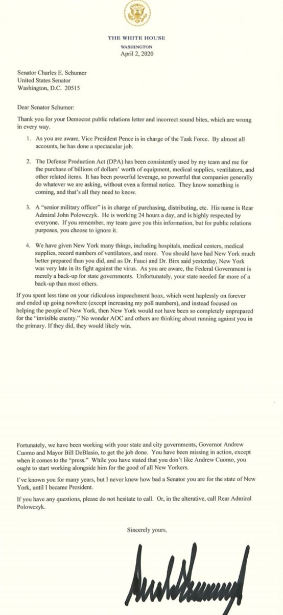 RichSementa's tweet photo. BREAKING: @realDonaldTrump letter to @SenSchumer: If you spent less time on your ridiculous impeachment hoax.. and instead focused on helping NY then NY would not have been so completely unprepared for #CoronaVirus.
#COVID19 #CoronavirusPandemic https://t.co/A7RXcmIxtN