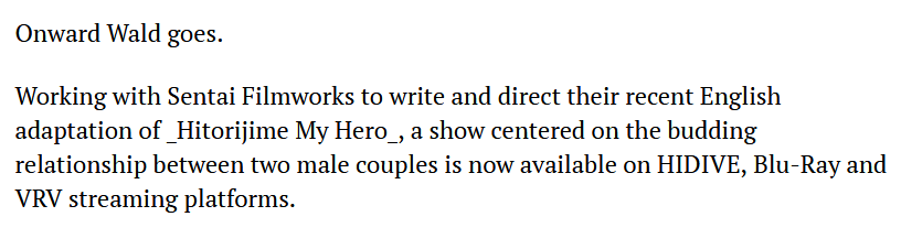 Wald writes and directs Sentai's English adaptation of HitorijimeMyHero available on HIDIVE, Bluray and VRVpushing traditional boundaries furtherauthentically rendered asexual character in its supporting castLove Stage contains all the hallmarks of a classic American romcom