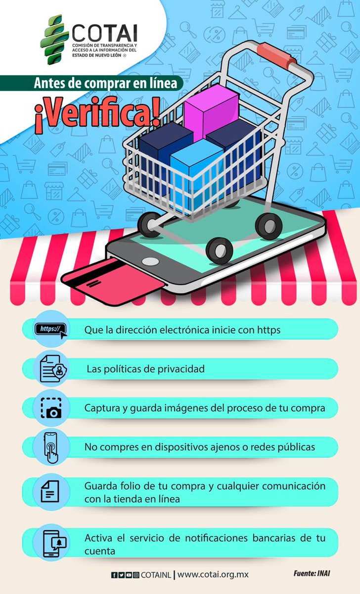 INFONLMX's tweet photo. #Entérate. Durante la contingencia sanitaria evita riesgos al adquirir productos por Internet, sigue estas recomendaciones que #COTAINL te comparte. https://t.co/MQVvsd6R1b