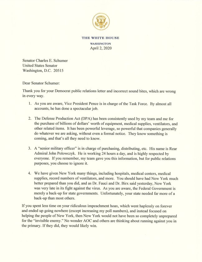 lauhaim's tweet photo. Le Président Trump vient d envoyer une lettre incendiaire au sénateur de New York Charles Schummer qui critique son manque d'actions. https://t.co/hyjoisdNFf