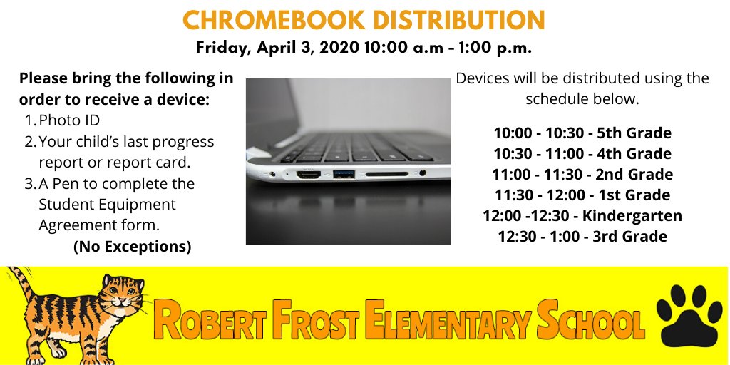 RFESroars's tweet photo. Tomorrow is the day! If you need a chromebook for distance learning, please see the schedule below for your pick up time.  Parents are REQUIRED to bring a photo ID, your child's last report card, and a pen to complete the Student Equipment Agreement. NO EXCEPTIONS! https://t.co/4AsSUUbfHo