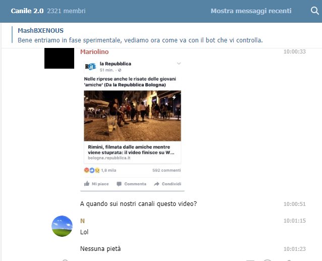 on the left | some of these groupchats, named with terrible adjectives used for women, "b*tches" / "h*es" and worse. don't wanna translate them.on the right | a man shared a news:«a girl was filmed in Rimini while being r*ped".»and he commented: "when will we get the video?"