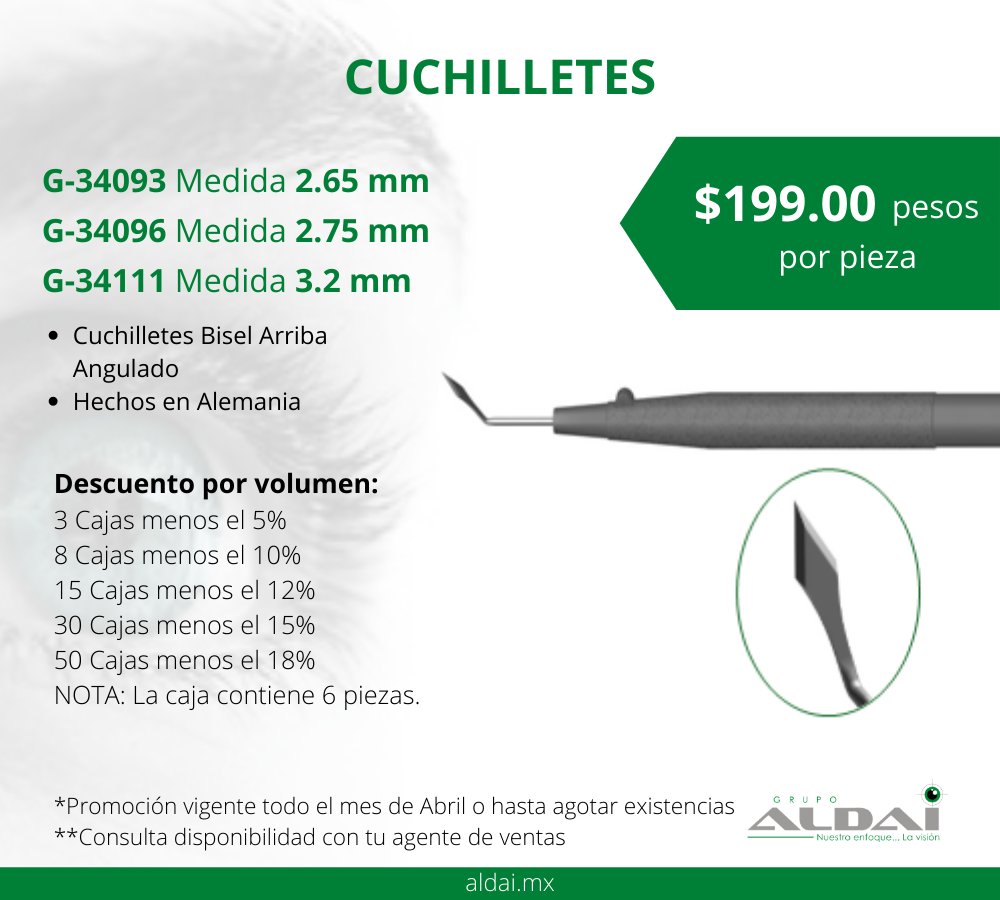 grupo_aldai's tweet photo. Aprovecha los descuentos por volumen y el precio especial por pieza en los cuchilletes marca #Geuder
#GrupoAldai #BrindandoCertezaEnTiemposInciertos
#Oftalmo #Promociones #Descuentos
Llama al Tel.: (55) 54 40 72 40
Ext: 2100 https://t.co/I43UxOTpnK