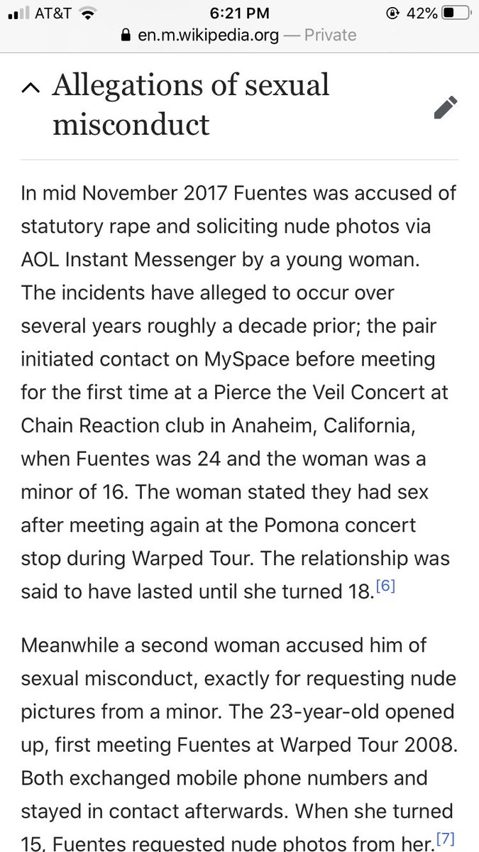 REMINDER: Mike Fuentes is a rapist and pierce the veil silently let him back into their band after saying he was going to take a “break”I don’t care if they were a big part of your teenage years. They were for me too. But they are rapists and rapist apologists.