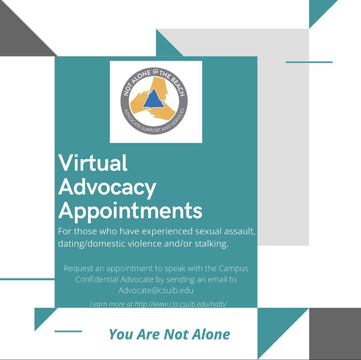 csulbWGEC's tweet photo. Did you know that April is Sexual Assault Awareness Month? If you or someone you know has been affected by sexual assault, please consider some of these resources & know that you are not alone on your journey ๐
#breakthesilencecsulb #noexcuse #notaloneatthebeach #SAAM #csulbwgec https://t.co/wEqlrYHI7K