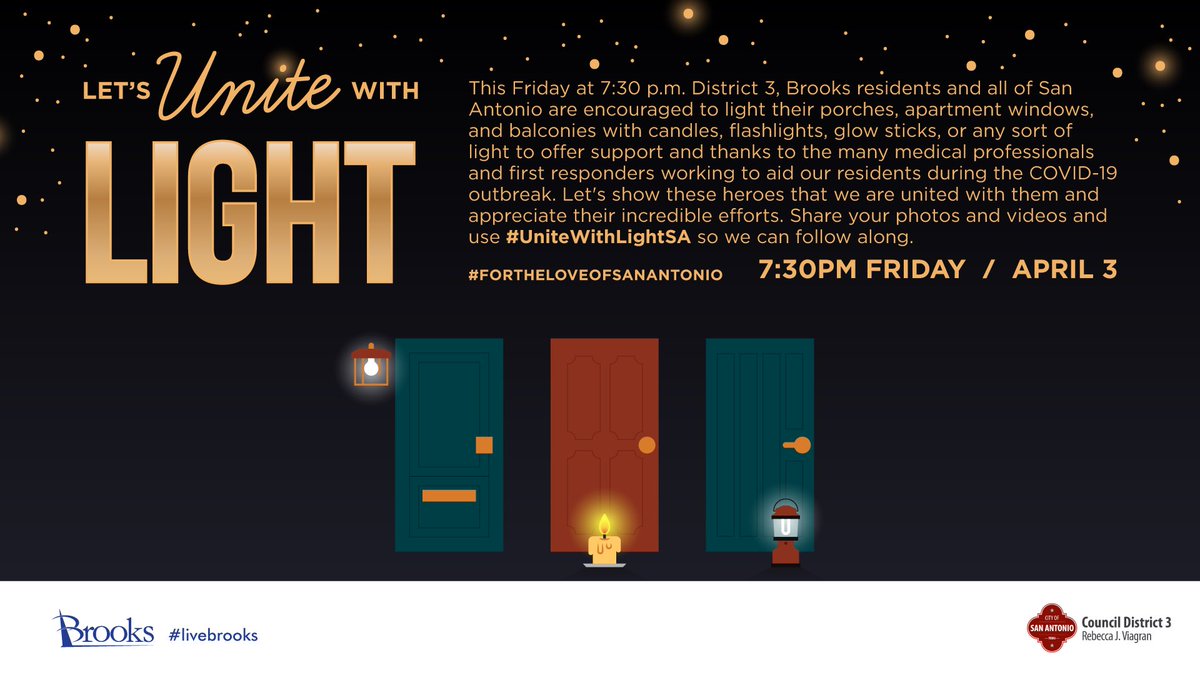 LiveBrooksTX's tweet photo. Attn, SA! 🗣 Join us as we shine a light on the medical professionals and first responders who have been working tirelessly to aid our residents during this crisis. 🏥 Let them know that they have our support! Share your pics/vids and tag #UniteWithLightSA! 📷 #LiveBrooks https://t.co/ehOLWfqkKH