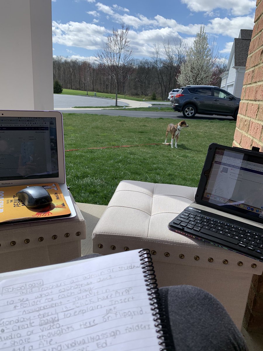 GlynnMare's tweet photo. Professional Development Zooming outside for the dog. π¬ π πΎ #umasdistheplacetobe #distancelearningprep @UMASDcoaches @zoom_us https://t.co/u177EKtoBF