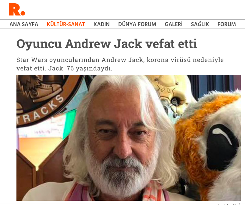 SSSBBL777's tweet photo. #StarWars oyuncularından #AndrewJack, #korona_virüsü nedeniyle vefat etti. Jack, 76 yaşındaydı. #EvdeKAL https://t.co/vlKtYppqbe