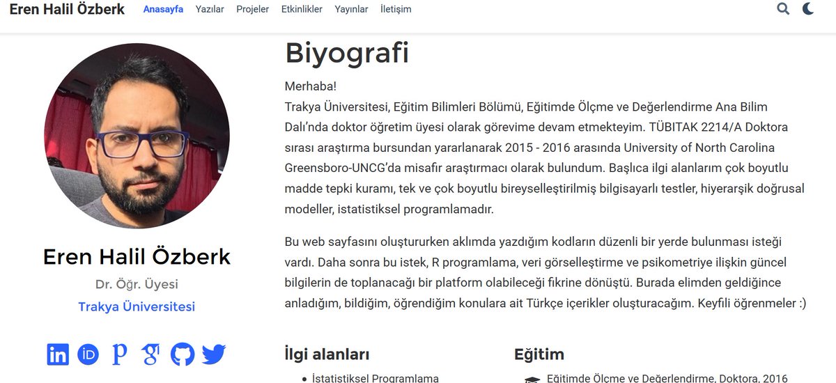 Self-promotion! My website erenozberk.com is live. Basically, I'll create R programming content in Turkish and share tips! Made by using <a href="/rstudio/">RStudio</a> #blogdown @source_themes, Hugo Academic, <a href="/github/">GitHub</a> and <a href="/Netlify/">Netlify</a>. Special thx to <a href="/dsquintana/">Dan Quintana</a> for tutorial! 
See y'all!! #RStats
