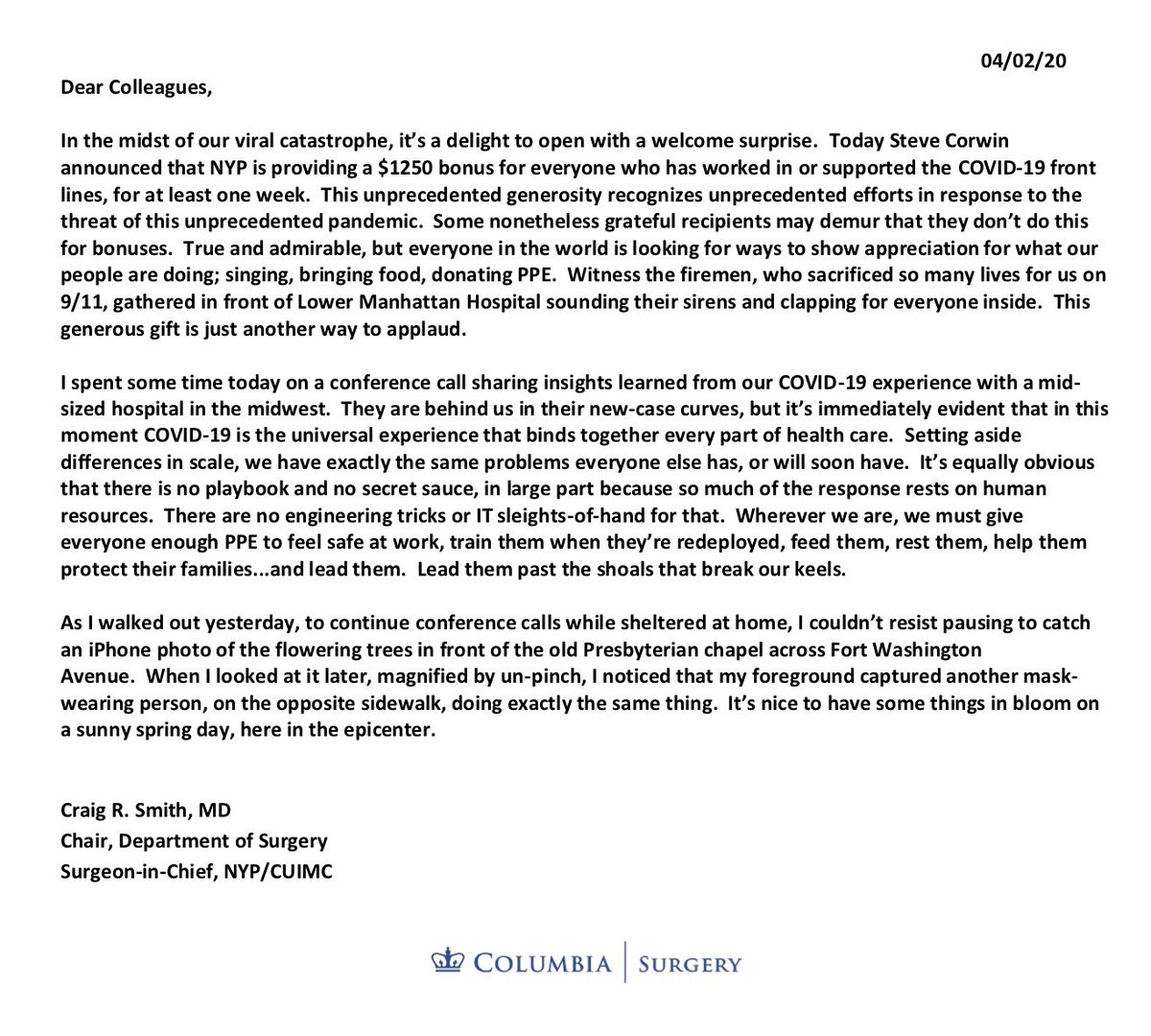 COVID-19 Update: Thursday, 4/2/20Here is the latest from Dr. Craig Smith:  https://columbiasurgery.org/news/covid-19-update-dr-smith-4220And Dr. Smith’s photo, Outside the Epicenter:  https://www.instagram.com/p/B-frkmdF-7-/?igshid=qgqqid2g1i93  #COVID19Pandemic  #COVID19