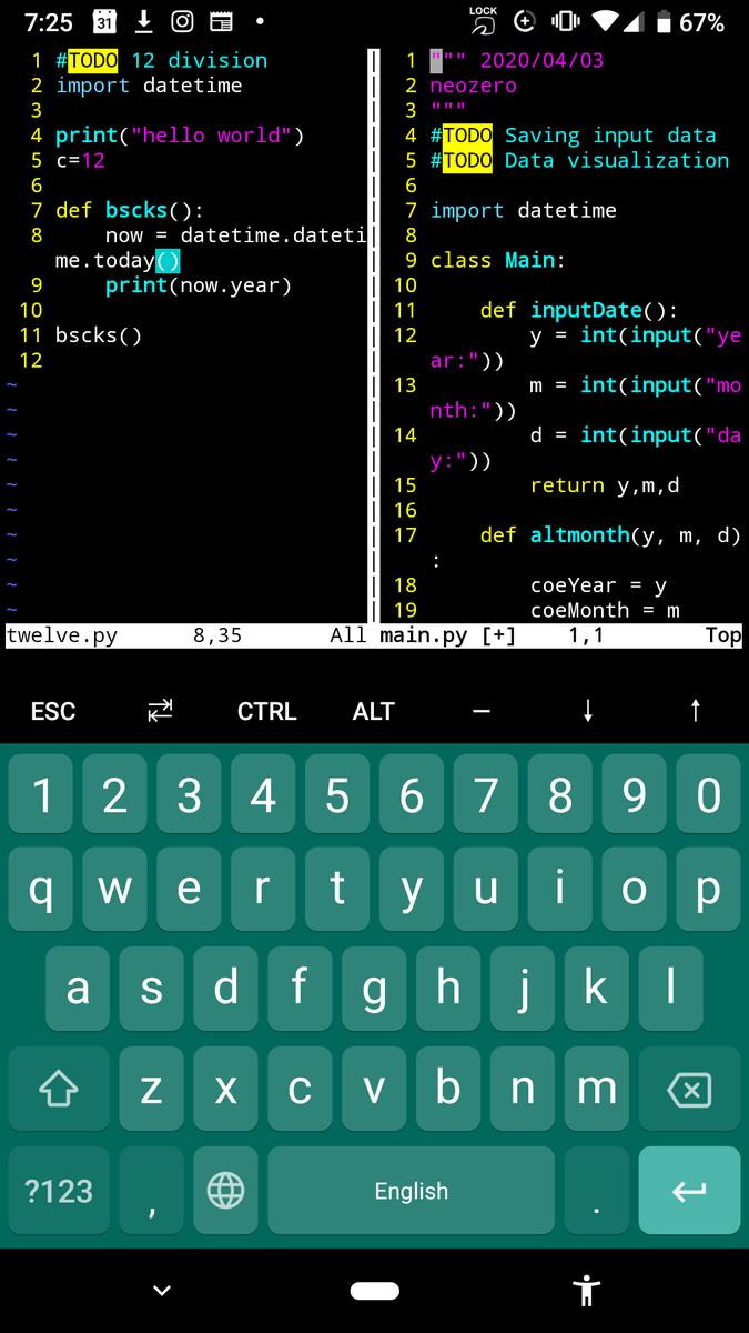rskey9's tweet photo. Coding with one finger on Android, fun vim, Thank you.
#100DaysOfCode #Turmax #Vim https://t.co/gWsJhfNMMA