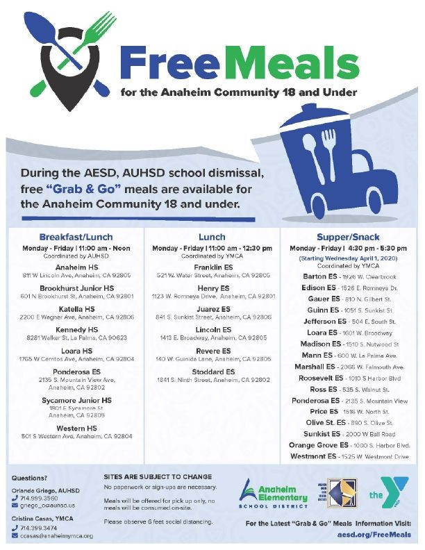 We applaud <a href="/anaheimymca/">Anaheim Family YMCA</a> <a href="/AnaheimUHSD/">Anaheim Union High School District</a> <a href="/AnaheimElem/">Anaheim Elementary</a> on their efforts to feed our community. Anaheim community, ages 18 and under, eat free through the “Grab &amp; Go” program.