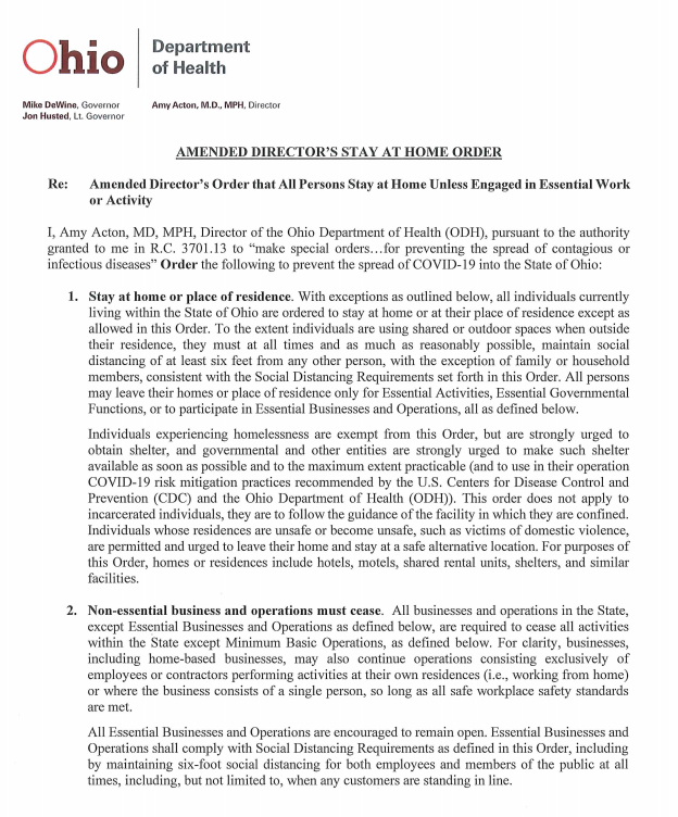 GovMikeDeWine's tweet photo. If you're looking for the amended #StayHomeOhio order that extends the order through May 1, you can find it here: https://t.co/OGGn59mEF3 This applies to everyone in #Ohio, so please take some time to read it. #InThisTogetherOhio https://t.co/h3ghHLpEGJ