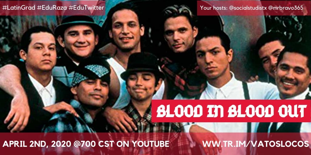 socialstudiestx's tweet photo. Don't forget to join @mrbravo365 and I as we explore the 1993 classic Blood in Blood Out/Bound By Honor tonight at 7:00 p.m CST. This will be our first exploration of Latin/x themed movies on #edutwitter and want you to join in. #migentechat #peliculachat #ondachat https://t.co/1MOFKABZZQ