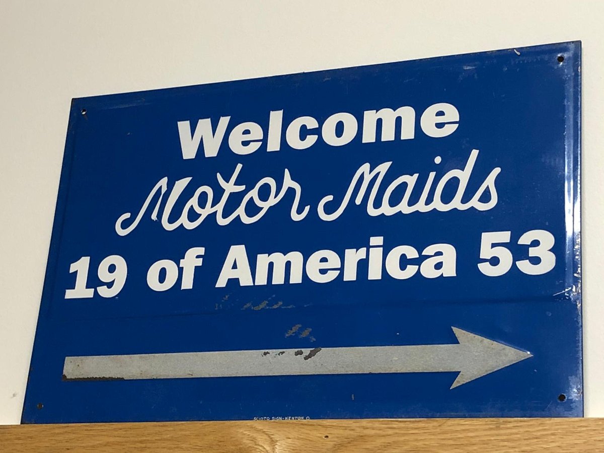 33vld's tweet photo. Fresh find! Motor Maids Tin Sign. Original 1953 Motor Maids tin sign— Oldest woman’s motorcycle group. NOS. From old stash, never nailed, original as found. Measures 18” x 12”. 🙆🏻 #motormaids #ladybikers 

https://t.co/1dnzsllVpE https://t.co/arrI7eylAd