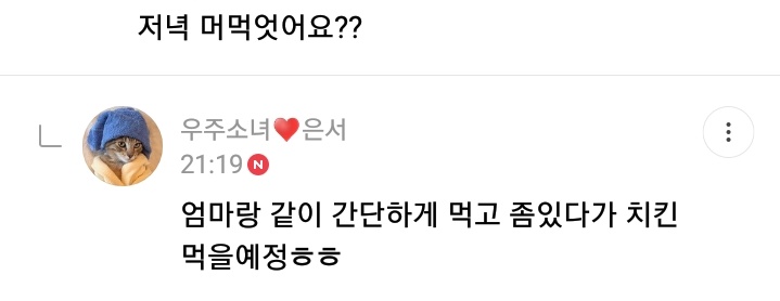"What did you have for dinner?"Eunseo: I'll have some simple food with my mom and we'll eat chicken ㅎㅎ "Unnie, do you play Animal Crossing too?"ES: No... What's that?"Let's do this (x8)"ES: Good, good"Recommend a profile pic for daum cafe"ES: I recommend too