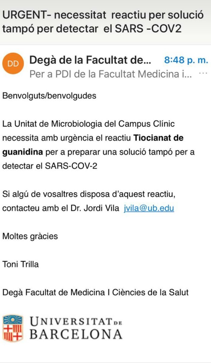 jcanadellb's tweet photo. ‼️ATENCIÓ‼️

Si algú pot suministrar tiocianat de guanidina, sisplau contacteu a jvila@ub.edu

Feu RT sisplau!!! https://t.co/UKloiJtO4m