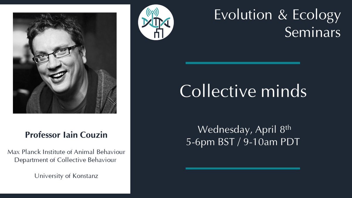 EvoEcoSeminars (@evoecoseminars) on Twitter photo We are very excited to have Professor Iain Couzin (<a href="/icouzin/">Iain Couzin</a> ) as the opening speaker of this seminar series!
Live stream, coming Wednesday April 8th, on YouTube: youtu.be/_7djD6S1dvw
Look up your local time: thetimezoneconverter.com/?t=9%3A00%20am…
Q&A on Slack: tinyurl.com/EvoEco We are very excited to have Professor Iain Couzin (<a href="/icouzin/">Iain Couzin</a> ) as the opening speaker of this seminar series!
Live stream, coming Wednesday April 8th, on YouTube: youtu.be/_7djD6S1dvw
Look up your local time: thetimezoneconverter.com/?t=9%3A00%20am…
Q&A on Slack: tinyurl.com/EvoEco
