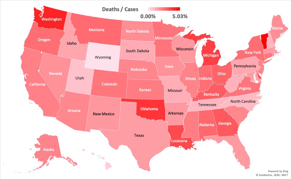 Coronavirus death rate by state varies widely. Vermont sits highest at 5%, Wyoming is lowest at 0%, the only state yet to have a coronavirus death.