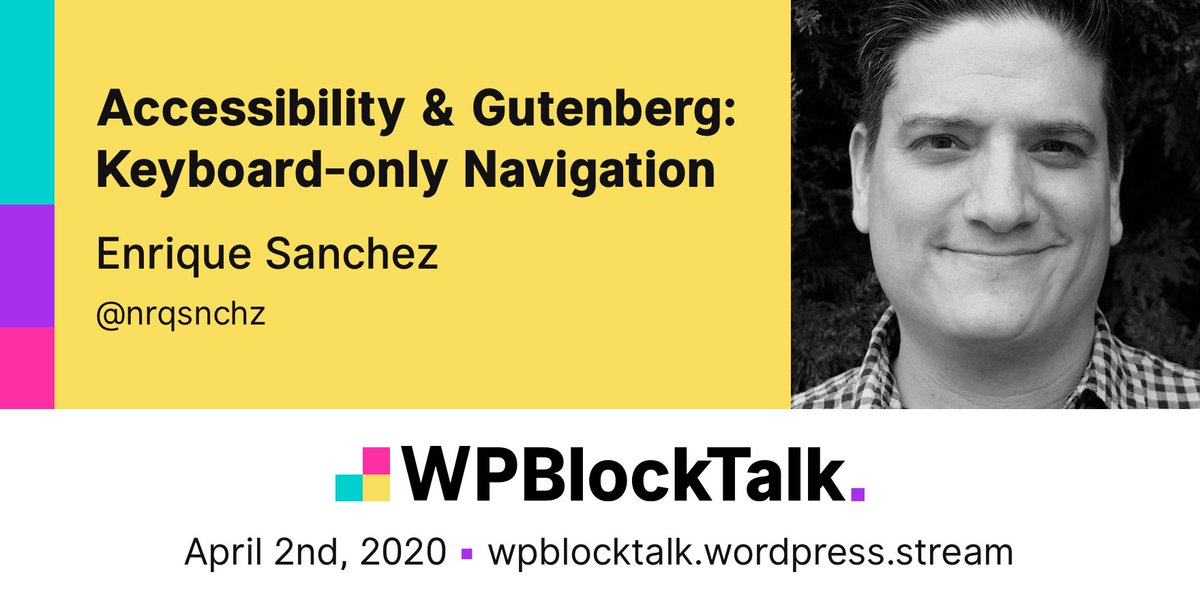 WPBlockTalk's tweet photo. Coming up next on #WPBlockTalk, @nrqsnchz is going to lead us through keyboard-only navigation in Gutenberg and discuss some of the challenges and successes within the #WordPress block editor.

Come and join us now at https://t.co/9PGIAzmDS9 https://t.co/HnIsNYg5BZ