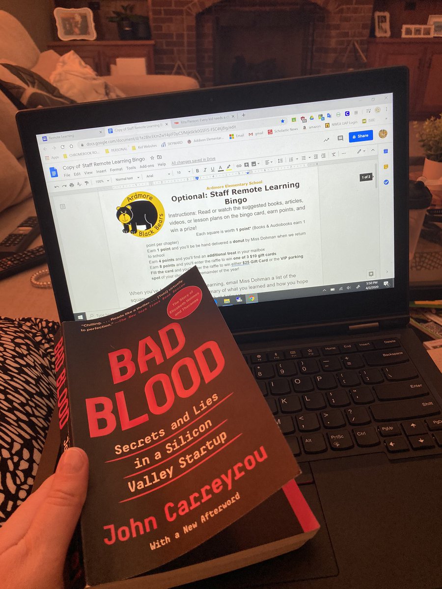 mslios5thgrade's tweet photo. I’ve been reading the book, Bad Blood, after listening to the podcast, The Drop Out. I highly recommend to either watch the documentary, listen to the podcast, or read the book! #ardmorebingo #StayHome #proud4ardmore https://t.co/JO9W37pEhW