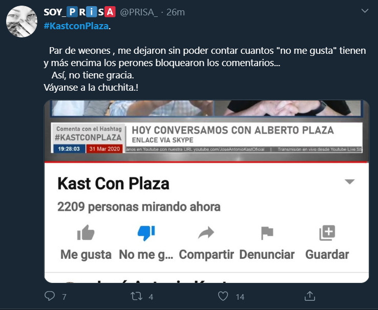 Inpopulista's tweet photo. Los resentidos sociales del apruebo están con ají en el🍑 porque no pueden seguir funando el livestream de #KastConPlaza😂 https://t.co/0e9aTwRUXd