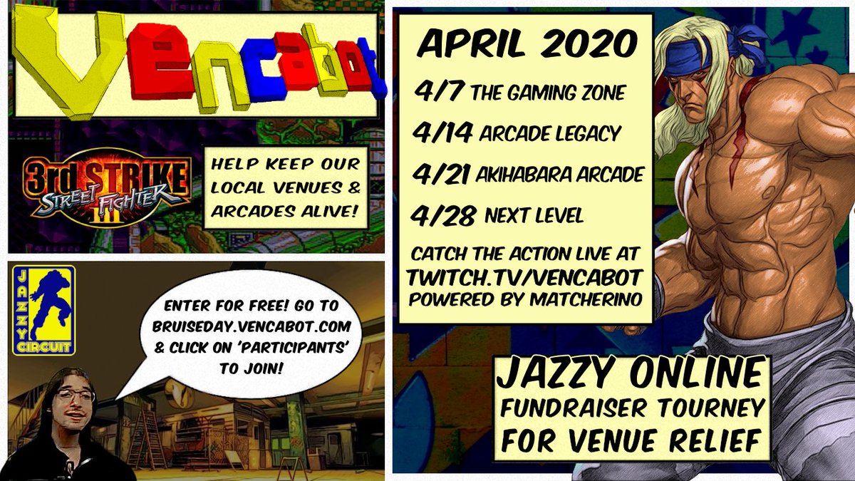 As we announced this week on <a href="/vencabot/">@Vencabot@mastodon.online</a>'s stream, Jazzy Online Fundraisers will start raising funds for our affiliated venues!

First #JOF takes place 4/7 to support <a href="/TheGamingZoneAZ/">The Gaming Zone</a>! Enter and/or donate at bruiseday.vencabot.com!

Use the code "TGZ2020" to donate $0.50 FOR FREE!
