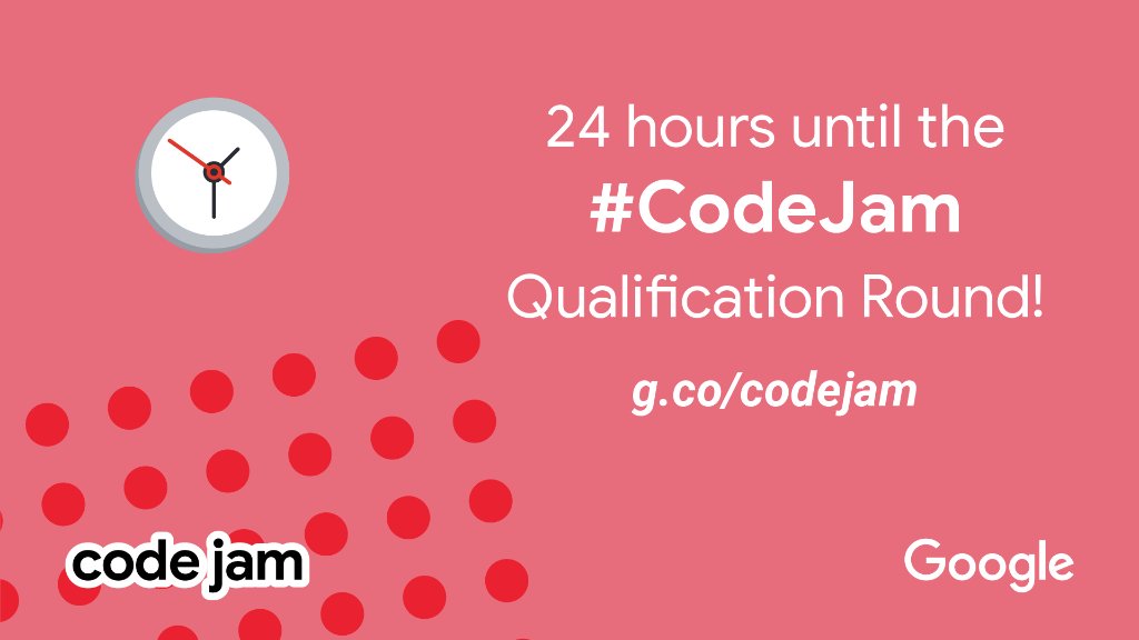 The #CodeJam Qualification Round starts tomorrow
(April 3) at 23:00 UTC. Don't forget to register! 💻 @ g.co/codejam