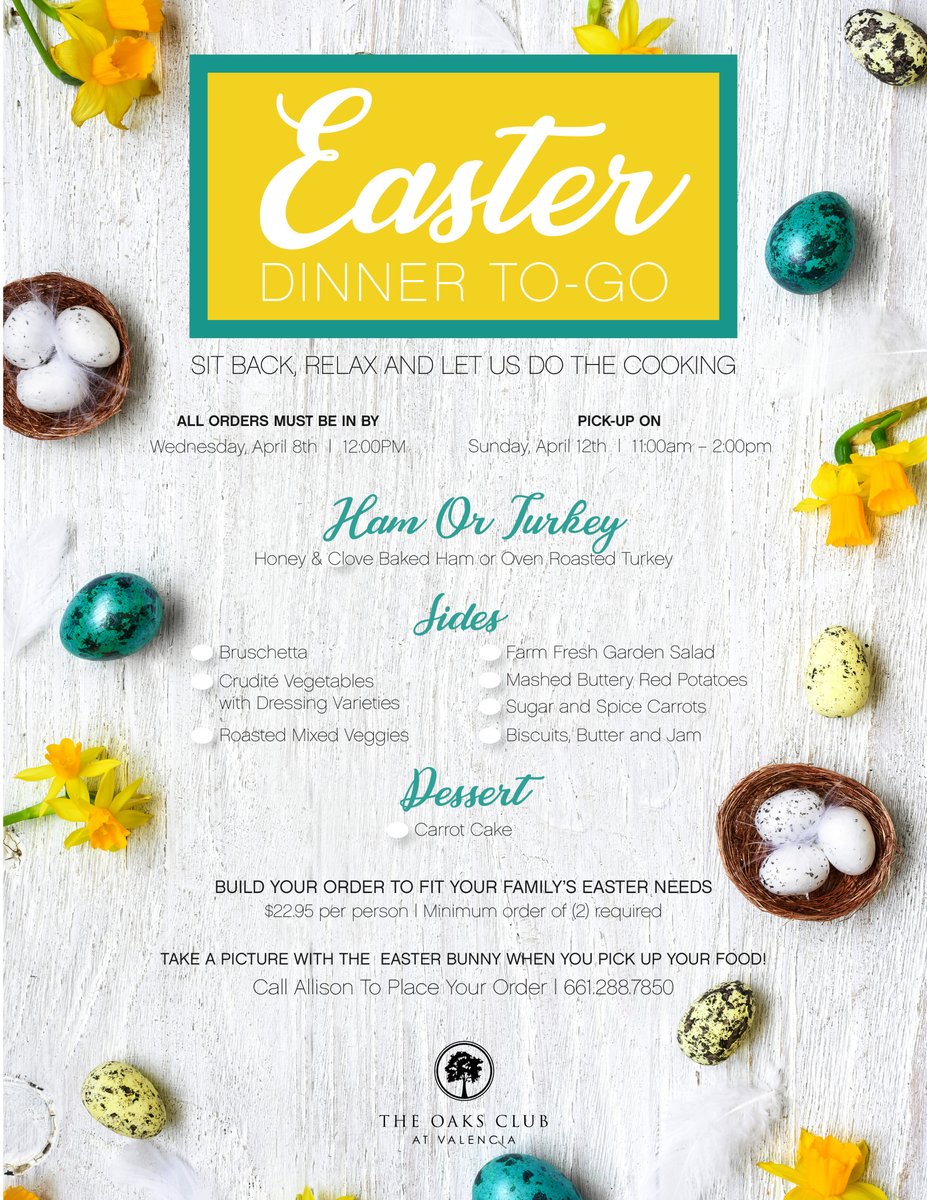 TOCVALENCIA's tweet photo. Don't worry about going to the grocery store to get Easter Dinner! ๐ฃ Let us do the shopping & cooking! Orders are open to the public!
Call Allison at 661.288.7850 to make your To-Go Easter Dinner!
#scveasterdinner #scveaster #easterdinnertogo #scvtogofood #thebestfoodscv... https://t.co/9LGkQVDKxr