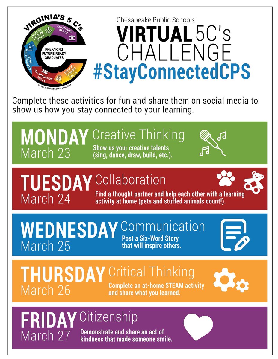AlainaTrott's tweet image. A1: Search #StayConnectedCPS and see photos of our amazing and innovative students and staff taking on our Chesapeake 5Cs Virtual Challenge last week. Lifelong learners in action! #valinchat