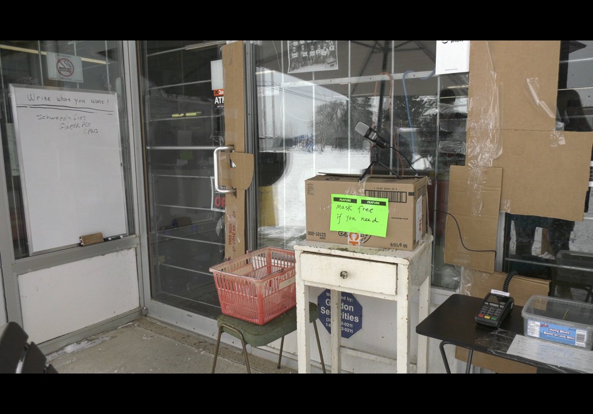 _kpompilii_'s tweet photo. A local grocery store in Stockholm got creative so residents could still do their shopping in a safe manor. Their new set up involves a microphone, whiteboard, and face masks. 

Full story tonight at 5!  @ctvregina @CTVYorkton https://t.co/BLr4duB9xs