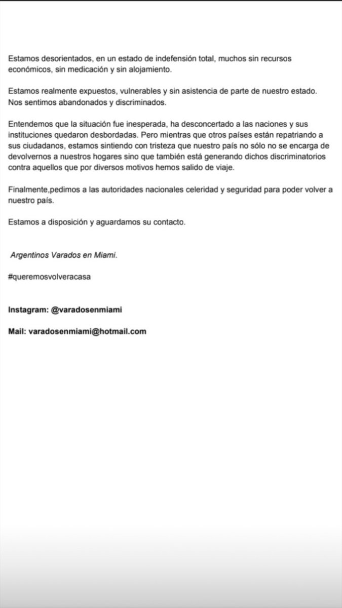 MarcelaMarchese's tweet photo. @alferdez lea esto. Lo escribió mi hijo, esta en Miami, sin respuesta alguna a su situación. https://t.co/xXDkc4vNyt