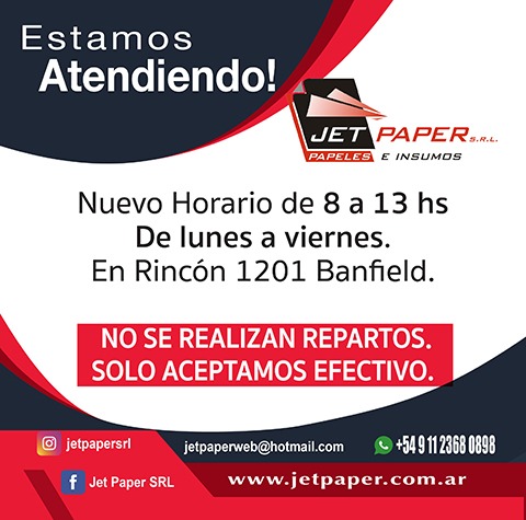 JetPaperSRL's tweet image. ✅ Estamos Atendiendo! Horario reducido, debido al Covid-19. De Lunes a Viernes de 8 a 13 hs. en Rincón 1201, Banfield. No realizaremos reparto. Sólo aceptamos efectivo. WhatsApp 15-2368-0898 con todos tu datos. Tel 4202-5147/6156
Ingresa a pst.cr/WNsPe
Jet Paper SRL